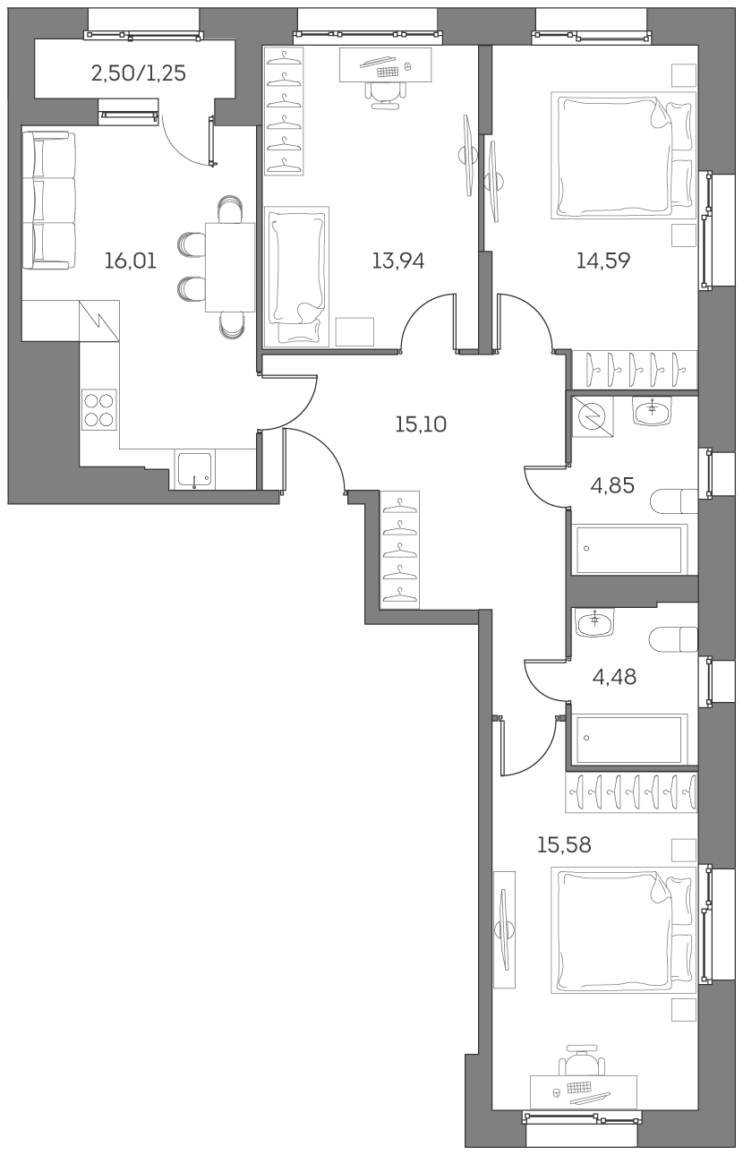 3х-комнатная квартира в ЖК Аквилон Beside 2.0