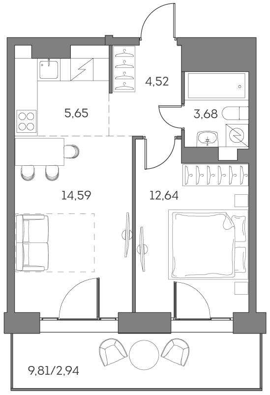 1-комнатная квартира в ЖК Аквилон Beside 2.0