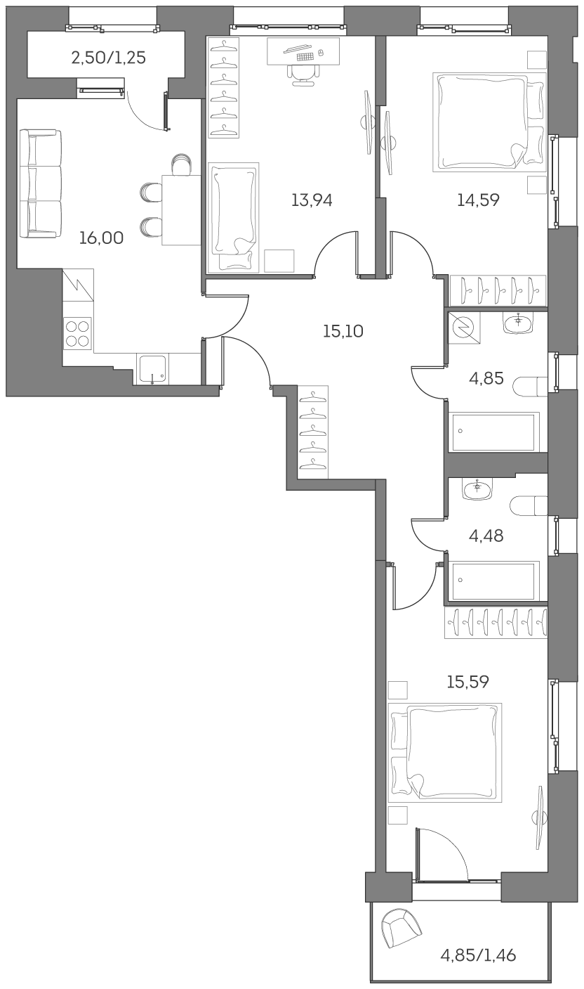 3х-комнатная квартира в ЖК Аквилон Beside 2.0