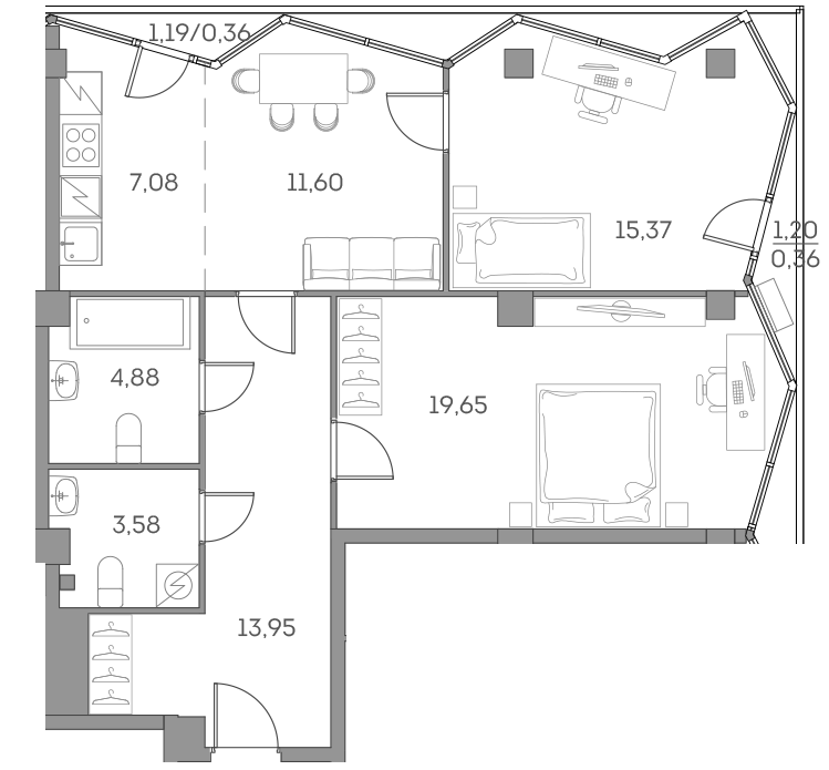 2х-комнатная квартира в ЖК Аквилон Beside 2.0