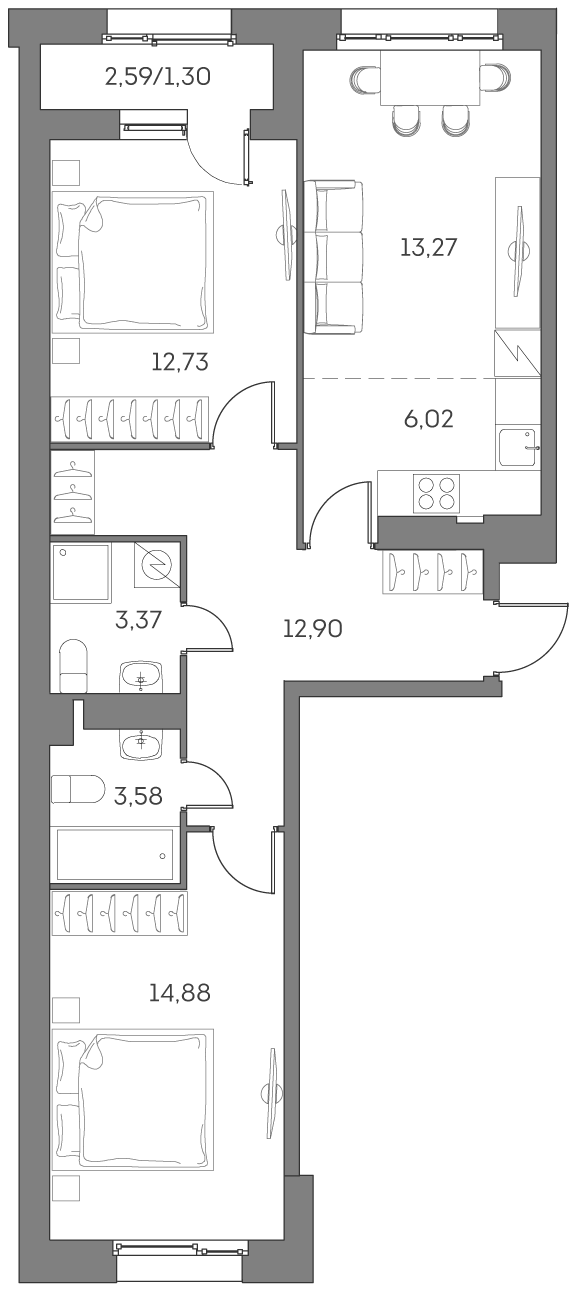 2х-комнатная квартира в ЖК Аквилон Beside 2.0