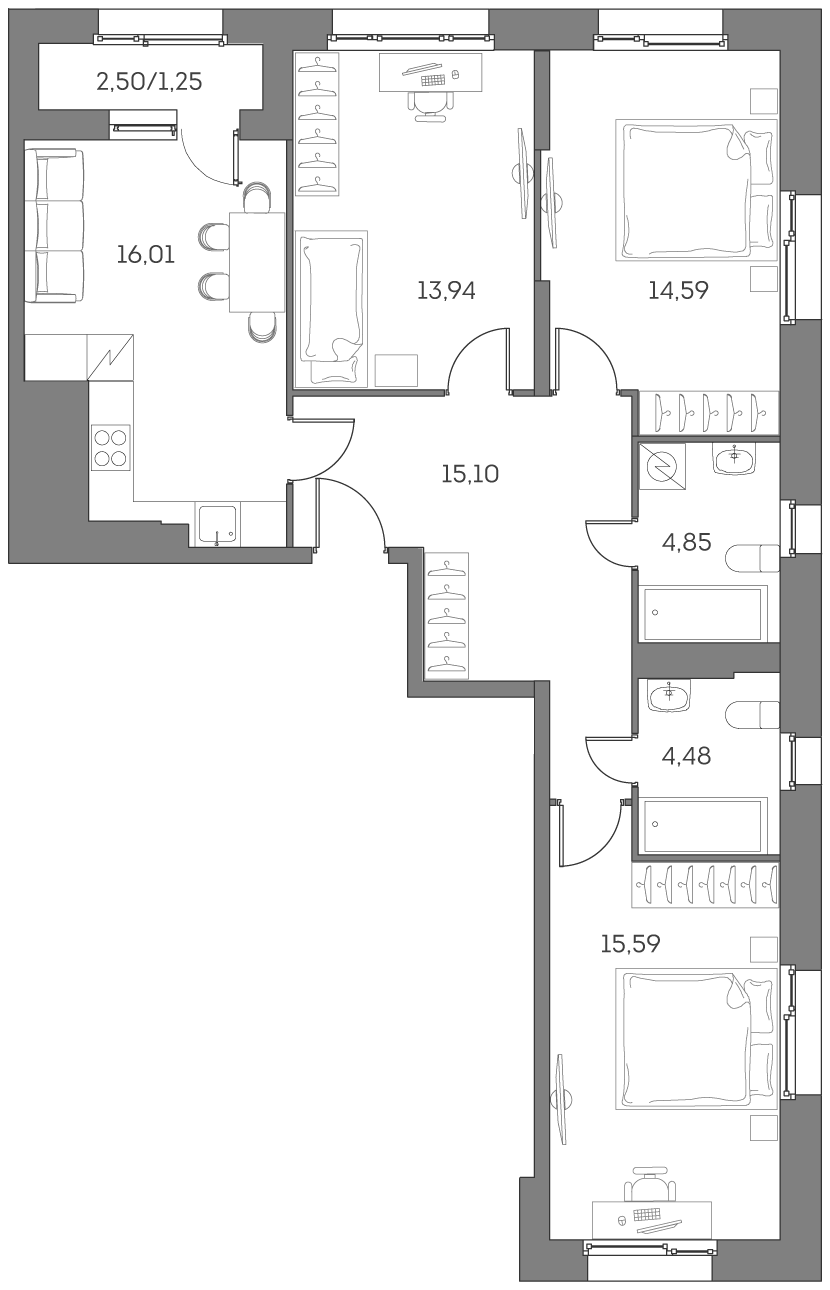 3х-комнатная квартира в ЖК Аквилон Beside 2.0