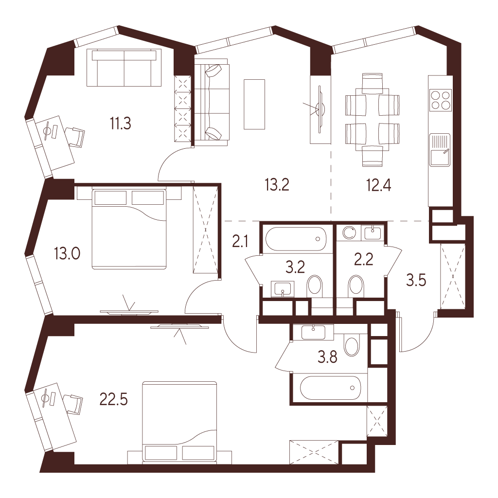 3х-комнатная квартира в ЖК INDY TOWERS (Инди Тауэрз)